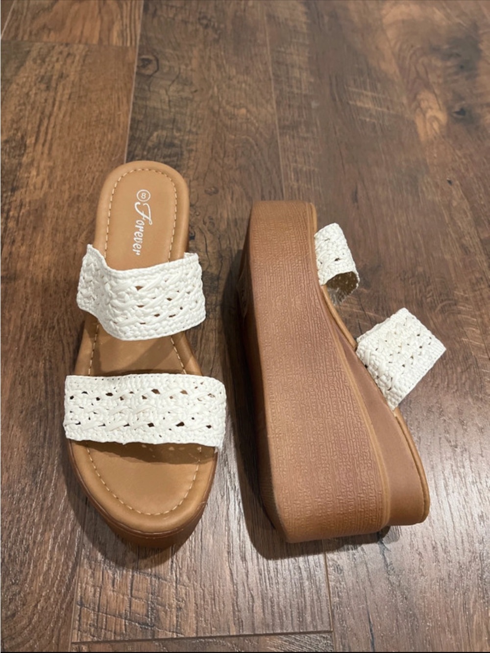 White Crochet Double-Strap Wedges with Tan Sole